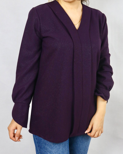 شومیز کرپ لمه شاین دار مجلسی رنگ بادمجانی مزون سجادیان